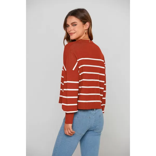 imagePRETTYGARDEN Womens Fall Cropped Striped Sweaters Casual Long Sleeve Crewneck Pullover Oversized Winter Tops JumperStriped Rust Red