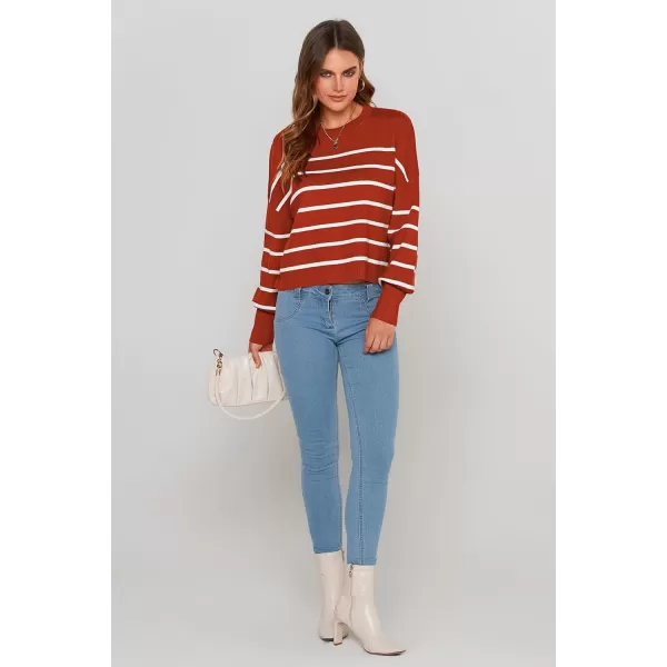 imagePRETTYGARDEN Womens Fall Cropped Striped Sweaters Casual Long Sleeve Crewneck Pullover Oversized Winter Tops JumperStriped Rust Red