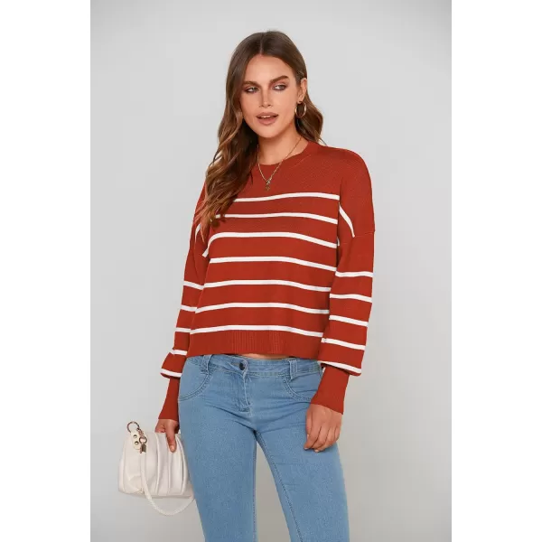 imagePRETTYGARDEN Womens Fall Cropped Striped Sweaters Casual Long Sleeve Crewneck Pullover Oversized Winter Tops JumperStriped Rust Red