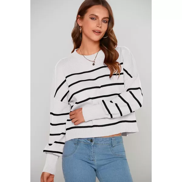 imagePRETTYGARDEN Womens Fall Cropped Striped Sweaters Casual Long Sleeve Crewneck Pullover Oversized Winter Tops JumperStriped White