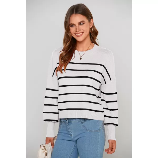 imagePRETTYGARDEN Womens Fall Cropped Striped Sweaters Casual Long Sleeve Crewneck Pullover Oversized Winter Tops JumperStriped White