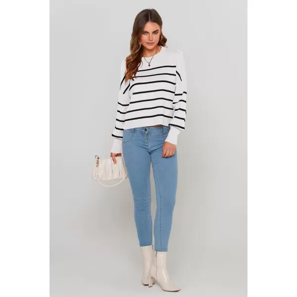 imagePRETTYGARDEN Womens Fall Cropped Striped Sweaters Casual Long Sleeve Crewneck Pullover Oversized Winter Tops JumperStriped White