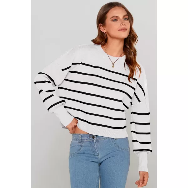 imagePRETTYGARDEN Womens Fall Cropped Striped Sweaters Casual Long Sleeve Crewneck Pullover Oversized Winter Tops JumperStriped White