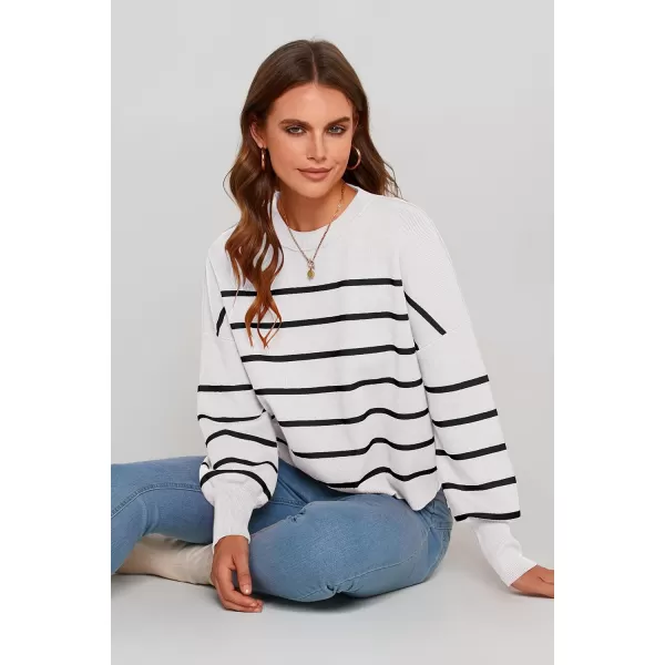 imagePRETTYGARDEN Womens Fall Cropped Striped Sweaters Casual Long Sleeve Crewneck Pullover Oversized Winter Tops JumperStriped White