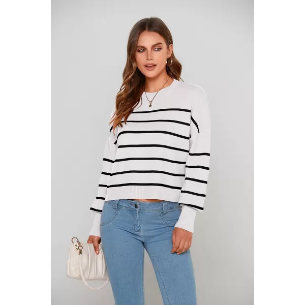 imagePRETTYGARDEN Womens Fall Cropped Striped Sweaters Casual Long Sleeve Crewneck Pullover Oversized Winter Tops JumperStriped White