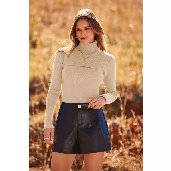 imagePRETTYGARDEN Womens Fall Fashion Turtleneck Pullover Sweaters Casual Long Sleeve Cable Knit Fitted Jumper TopsApricot
