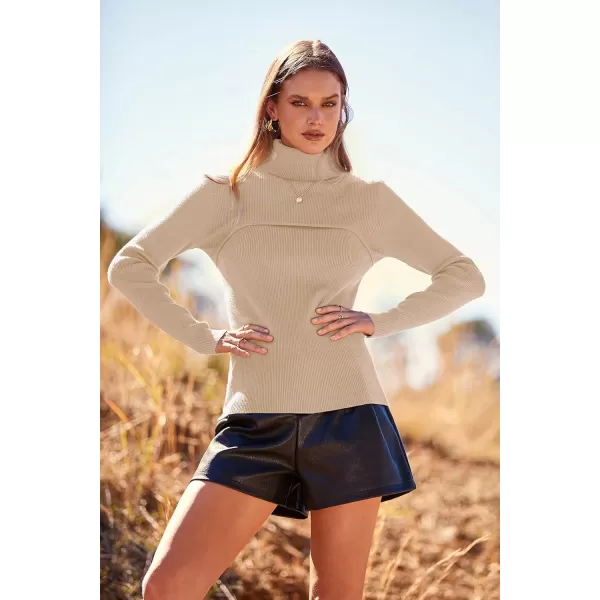 imagePRETTYGARDEN Womens Fall Fashion Turtleneck Pullover Sweaters Casual Long Sleeve Cable Knit Fitted Jumper TopsApricot