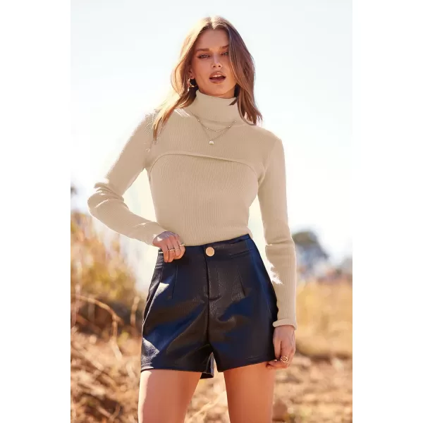 imagePRETTYGARDEN Womens Fall Fashion Turtleneck Pullover Sweaters Casual Long Sleeve Cable Knit Fitted Jumper TopsApricot