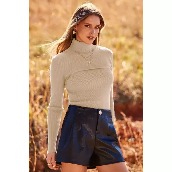 imagePRETTYGARDEN Womens Fall Fashion Turtleneck Pullover Sweaters Casual Long Sleeve Cable Knit Fitted Jumper TopsApricot