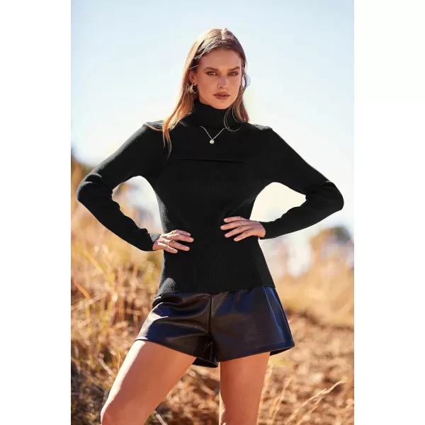 imagePRETTYGARDEN Womens Fall Fashion Turtleneck Pullover Sweaters Casual Long Sleeve Cable Knit Fitted Jumper TopsBlack
