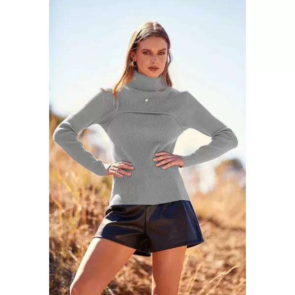 imagePRETTYGARDEN Womens Fall Fashion Turtleneck Pullover Sweaters Casual Long Sleeve Cable Knit Fitted Jumper TopsGrey