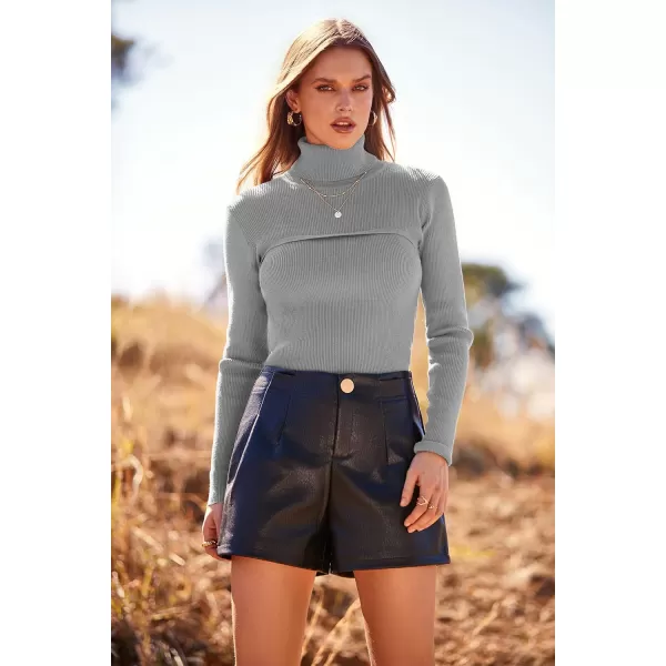 imagePRETTYGARDEN Womens Fall Fashion Turtleneck Pullover Sweaters Casual Long Sleeve Cable Knit Fitted Jumper TopsGrey
