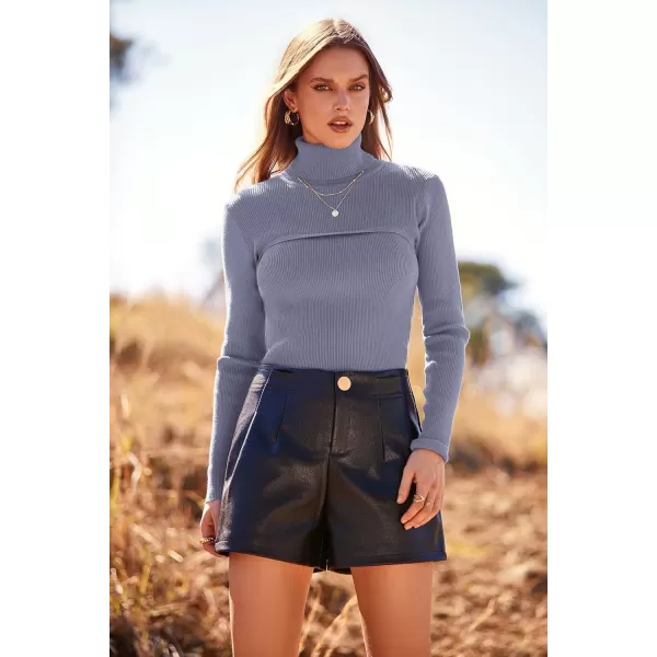 imagePRETTYGARDEN Womens Fall Fashion Turtleneck Pullover Sweaters Casual Long Sleeve Cable Knit Fitted Jumper TopsGrey Blue