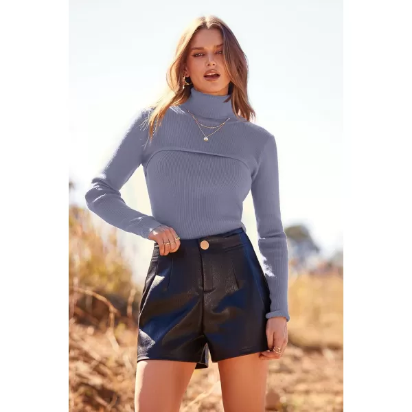 imagePRETTYGARDEN Womens Fall Fashion Turtleneck Pullover Sweaters Casual Long Sleeve Cable Knit Fitted Jumper TopsGrey Blue