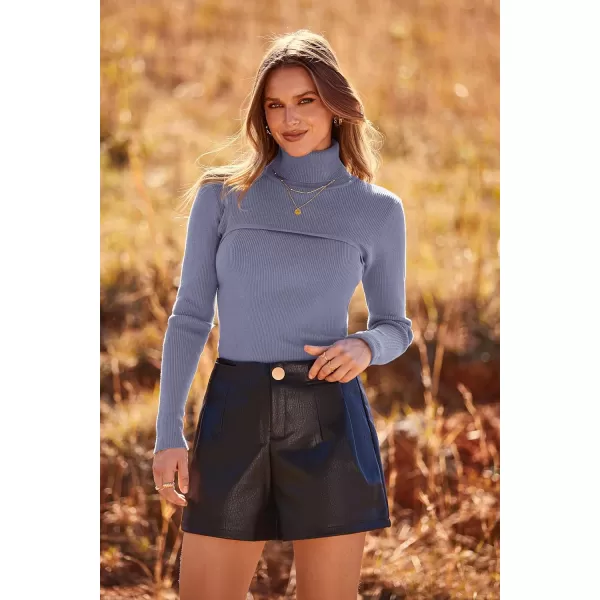 imagePRETTYGARDEN Womens Fall Fashion Turtleneck Pullover Sweaters Casual Long Sleeve Cable Knit Fitted Jumper TopsGrey Blue