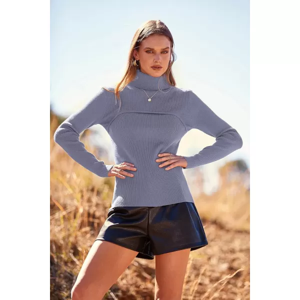 imagePRETTYGARDEN Womens Fall Fashion Turtleneck Pullover Sweaters Casual Long Sleeve Cable Knit Fitted Jumper TopsGrey Blue