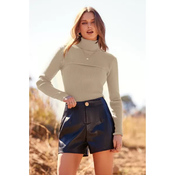 imagePRETTYGARDEN Womens Fall Fashion Turtleneck Pullover Sweaters Casual Long Sleeve Cable Knit Fitted Jumper TopsKhaki