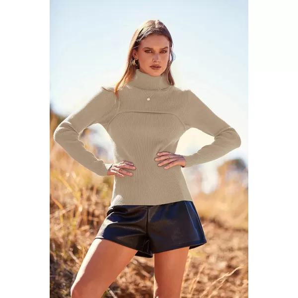imagePRETTYGARDEN Womens Fall Fashion Turtleneck Pullover Sweaters Casual Long Sleeve Cable Knit Fitted Jumper TopsKhaki