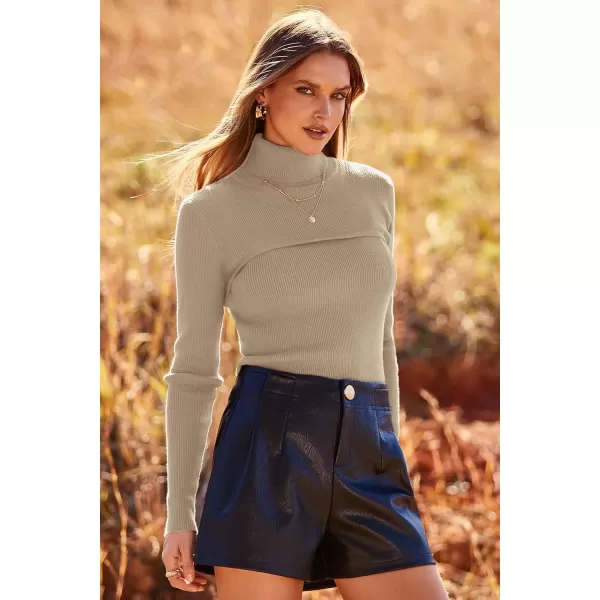 imagePRETTYGARDEN Womens Fall Fashion Turtleneck Pullover Sweaters Casual Long Sleeve Cable Knit Fitted Jumper TopsKhaki
