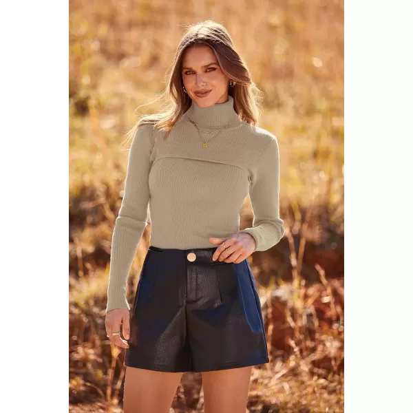 imagePRETTYGARDEN Womens Fall Fashion Turtleneck Pullover Sweaters Casual Long Sleeve Cable Knit Fitted Jumper TopsKhaki