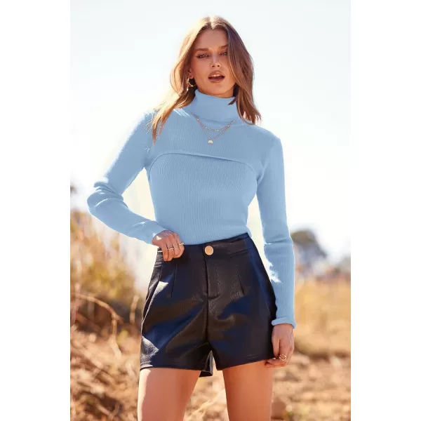 imagePRETTYGARDEN Womens Fall Fashion Turtleneck Pullover Sweaters Casual Long Sleeve Cable Knit Fitted Jumper TopsLight Blue