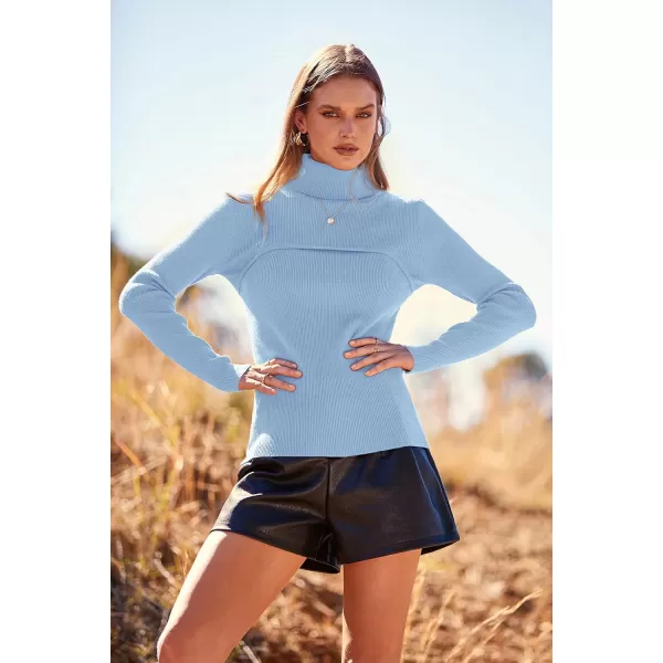 imagePRETTYGARDEN Womens Fall Fashion Turtleneck Pullover Sweaters Casual Long Sleeve Cable Knit Fitted Jumper TopsLight Blue