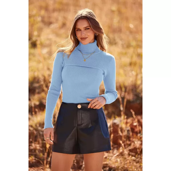 imagePRETTYGARDEN Womens Fall Fashion Turtleneck Pullover Sweaters Casual Long Sleeve Cable Knit Fitted Jumper TopsLight Blue