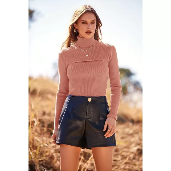 imagePRETTYGARDEN Womens Fall Fashion Turtleneck Pullover Sweaters Casual Long Sleeve Cable Knit Fitted Jumper TopsLight Pink