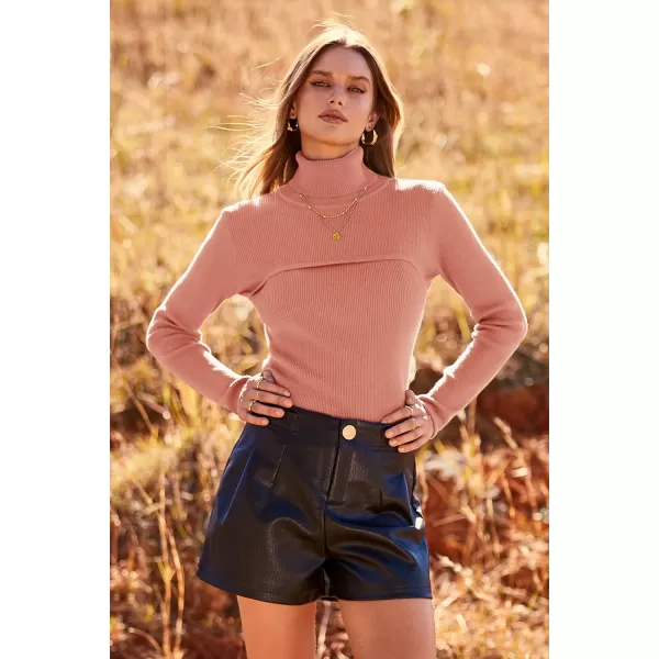 imagePRETTYGARDEN Womens Fall Fashion Turtleneck Pullover Sweaters Casual Long Sleeve Cable Knit Fitted Jumper TopsLight Pink