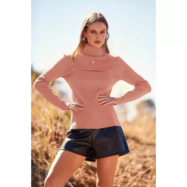 imagePRETTYGARDEN Womens Fall Fashion Turtleneck Pullover Sweaters Casual Long Sleeve Cable Knit Fitted Jumper TopsLight Pink