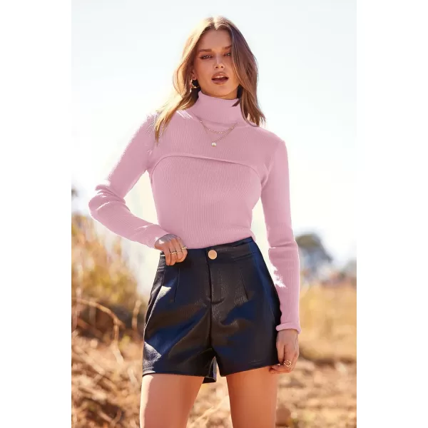 imagePRETTYGARDEN Womens Fall Fashion Turtleneck Pullover Sweaters Casual Long Sleeve Cable Knit Fitted Jumper TopsPink