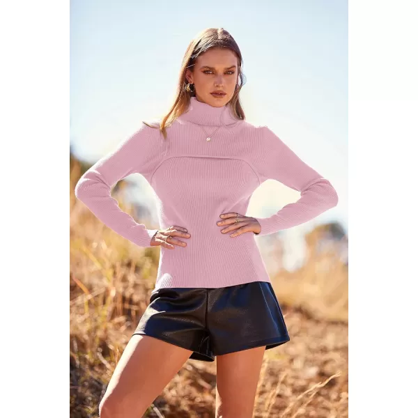 imagePRETTYGARDEN Womens Fall Fashion Turtleneck Pullover Sweaters Casual Long Sleeve Cable Knit Fitted Jumper TopsPink