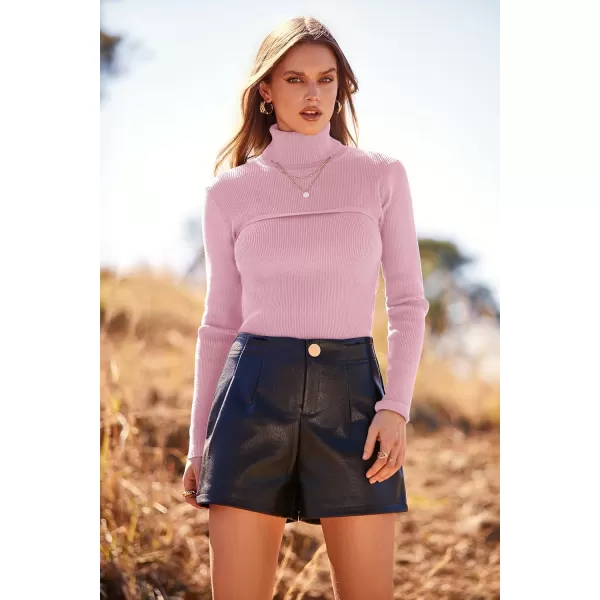 imagePRETTYGARDEN Womens Fall Fashion Turtleneck Pullover Sweaters Casual Long Sleeve Cable Knit Fitted Jumper TopsPink