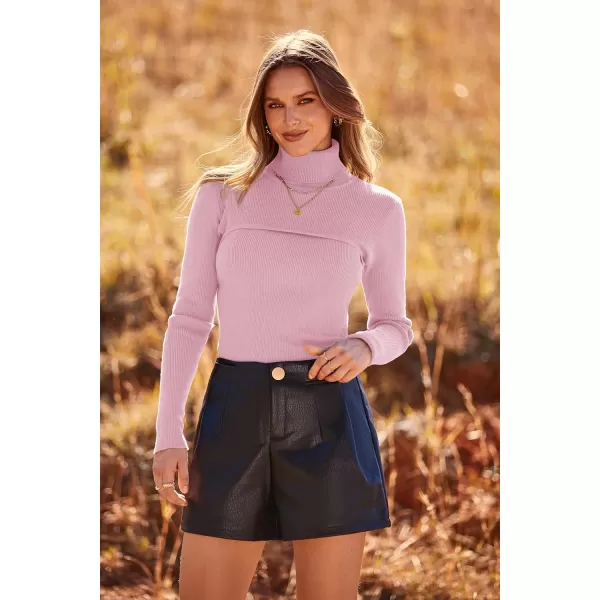 imagePRETTYGARDEN Womens Fall Fashion Turtleneck Pullover Sweaters Casual Long Sleeve Cable Knit Fitted Jumper TopsPink