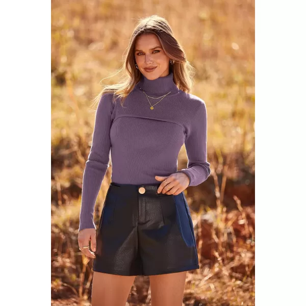 imagePRETTYGARDEN Womens Fall Fashion Turtleneck Pullover Sweaters Casual Long Sleeve Cable Knit Fitted Jumper TopsPurple