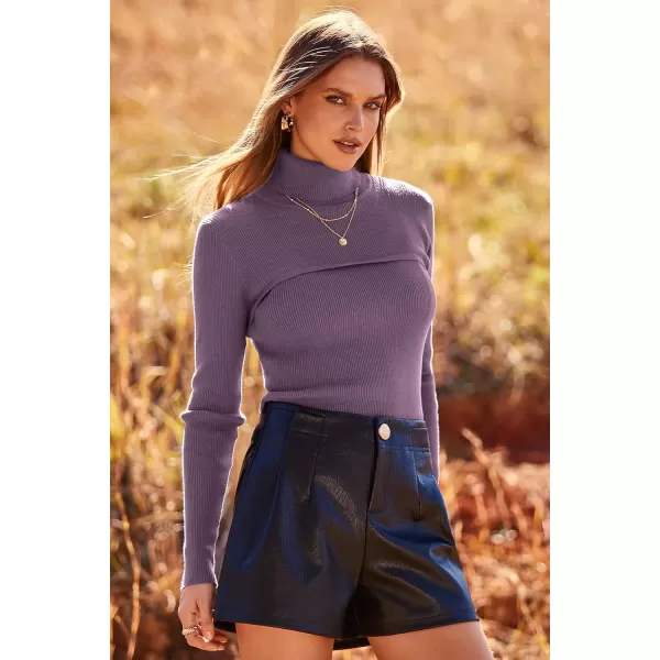 imagePRETTYGARDEN Womens Fall Fashion Turtleneck Pullover Sweaters Casual Long Sleeve Cable Knit Fitted Jumper TopsPurple