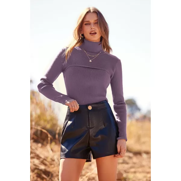 imagePRETTYGARDEN Womens Fall Fashion Turtleneck Pullover Sweaters Casual Long Sleeve Cable Knit Fitted Jumper TopsPurple