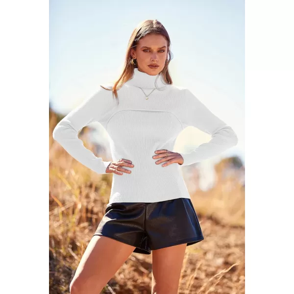 imagePRETTYGARDEN Womens Fall Fashion Turtleneck Pullover Sweaters Casual Long Sleeve Cable Knit Fitted Jumper TopsWhite