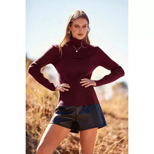 imagePRETTYGARDEN Womens Fall Fashion Turtleneck Pullover Sweaters Casual Long Sleeve Cable Knit Fitted Jumper TopsWine Red