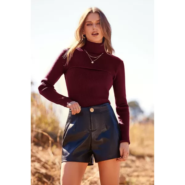 imagePRETTYGARDEN Womens Fall Fashion Turtleneck Pullover Sweaters Casual Long Sleeve Cable Knit Fitted Jumper TopsWine Red