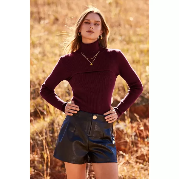 imagePRETTYGARDEN Womens Fall Fashion Turtleneck Pullover Sweaters Casual Long Sleeve Cable Knit Fitted Jumper TopsWine Red