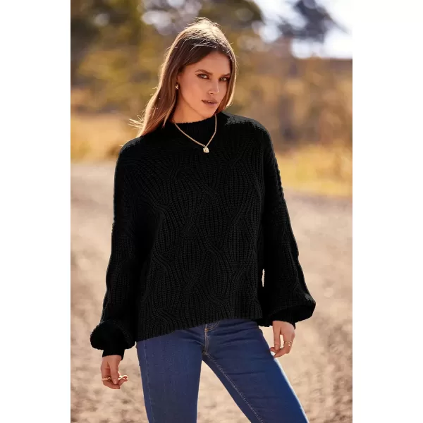 imagePRETTYGARDEN Womens Fall Oversized Pullover Sweaters Casual Crewneck Long Sleeve Chunky Cable Knit Blouse TopBlack