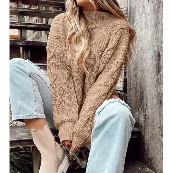 imagePRETTYGARDEN Womens Fall Oversized Pullover Sweaters Casual Crewneck Long Sleeve Chunky Cable Knit Blouse TopDark Apricot