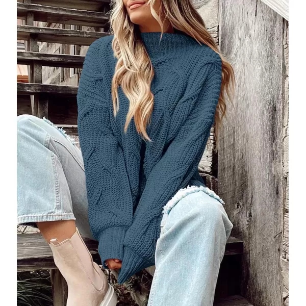 imagePRETTYGARDEN Womens Fall Oversized Pullover Sweaters Casual Crewneck Long Sleeve Chunky Cable Knit Blouse TopGrey Blue