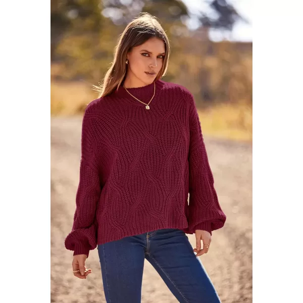 imagePRETTYGARDEN Womens Fall Oversized Pullover Sweaters Casual Crewneck Long Sleeve Chunky Cable Knit Blouse TopWine Red