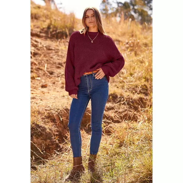 imagePRETTYGARDEN Womens Fall Oversized Pullover Sweaters Casual Crewneck Long Sleeve Chunky Cable Knit Blouse TopWine Red