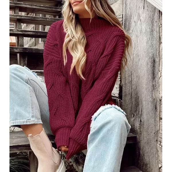 imagePRETTYGARDEN Womens Fall Oversized Pullover Sweaters Casual Crewneck Long Sleeve Chunky Cable Knit Blouse TopWine Red