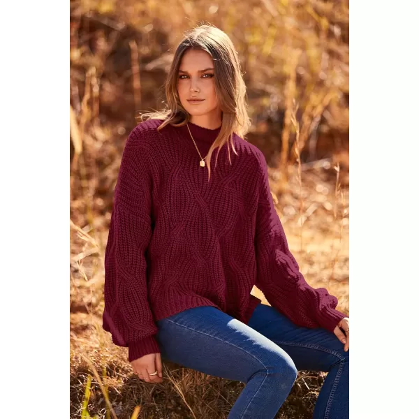 imagePRETTYGARDEN Womens Fall Oversized Pullover Sweaters Casual Crewneck Long Sleeve Chunky Cable Knit Blouse TopWine Red