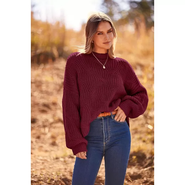 imagePRETTYGARDEN Womens Fall Oversized Pullover Sweaters Casual Crewneck Long Sleeve Chunky Cable Knit Blouse TopWine Red