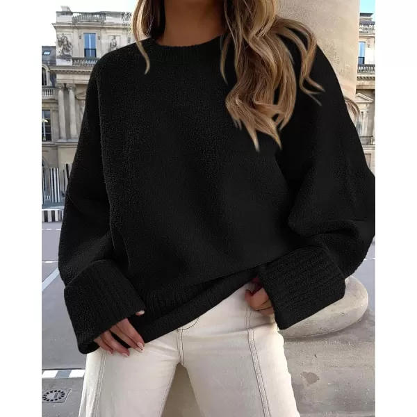 imagePRETTYGARDEN Womens Fall Oversized Sweaters Casual Crewneck Pullover Long Sleeve Fuzzy Chunky Knit Tops BlouseBlack
